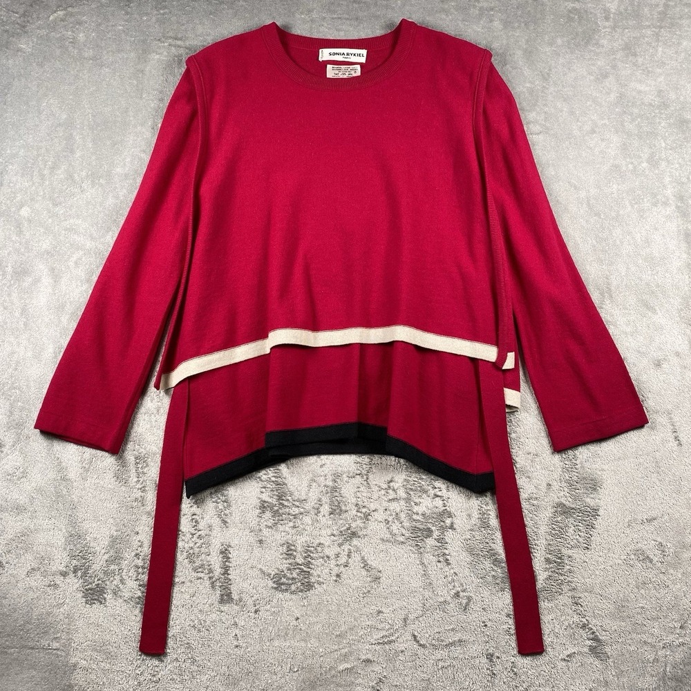 VTG Sonia Rykiel Sweater‎ Womens Sz 42 (US M) Red Wool Angora Panel Bib Tie 80s